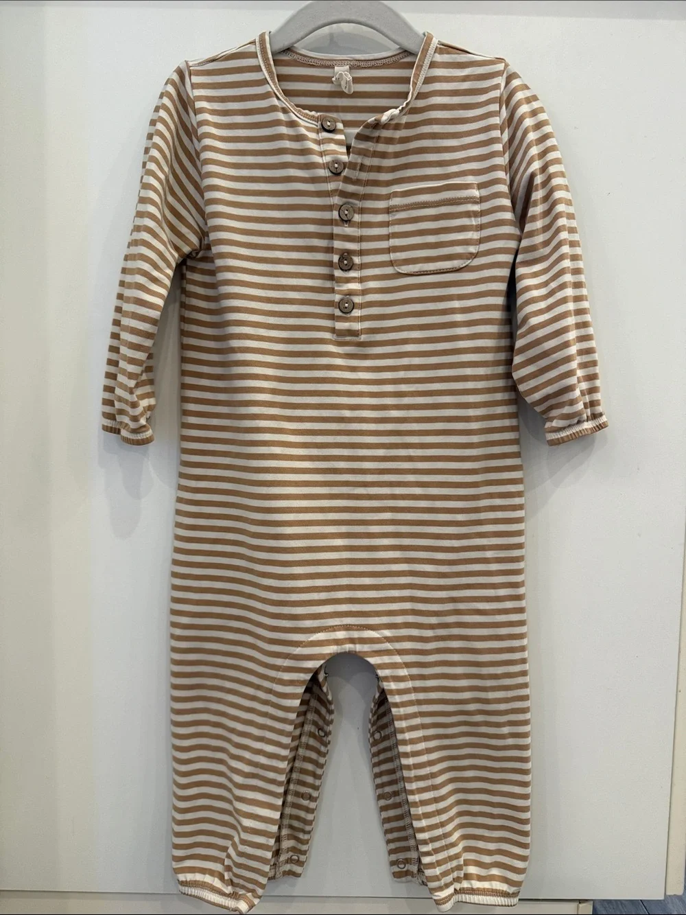 Quincy Mae Tan & White Striped Cotton Baby One-Piece